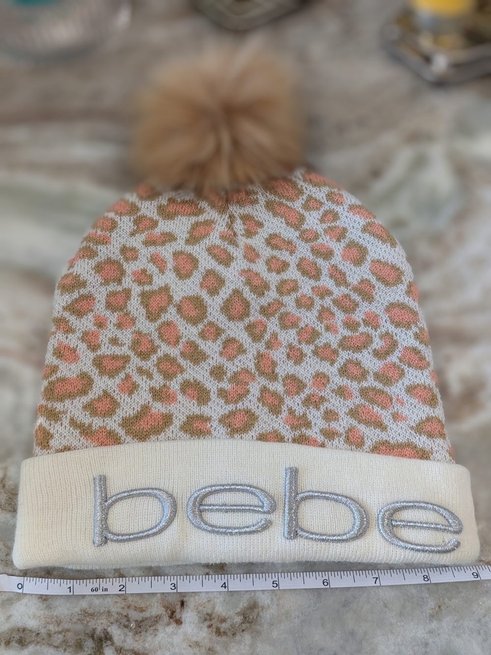 bebe Ladies Leopard Knit Hat & Scarf Set in Beige/Pink - Picture 14 of 16